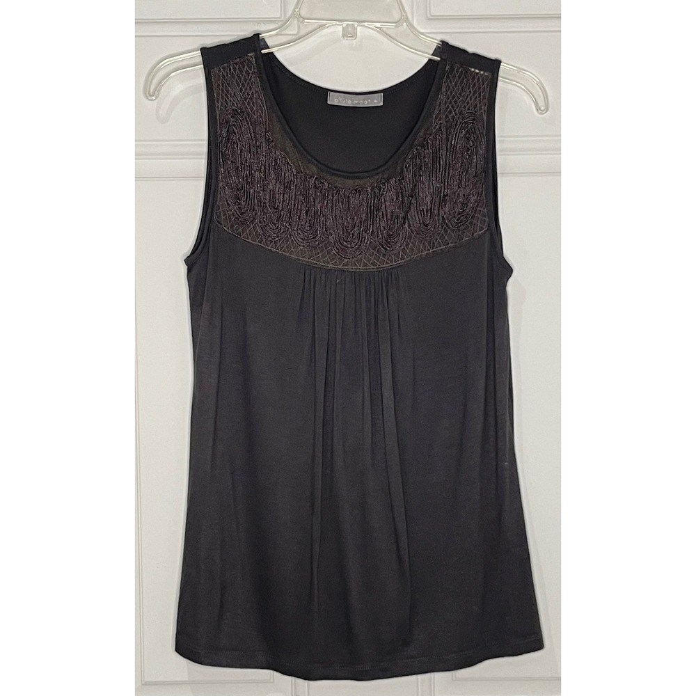 Olivia Moon Medium Charcoal Gray Embroidered Mesh Yoke Sleeveless Tank Top